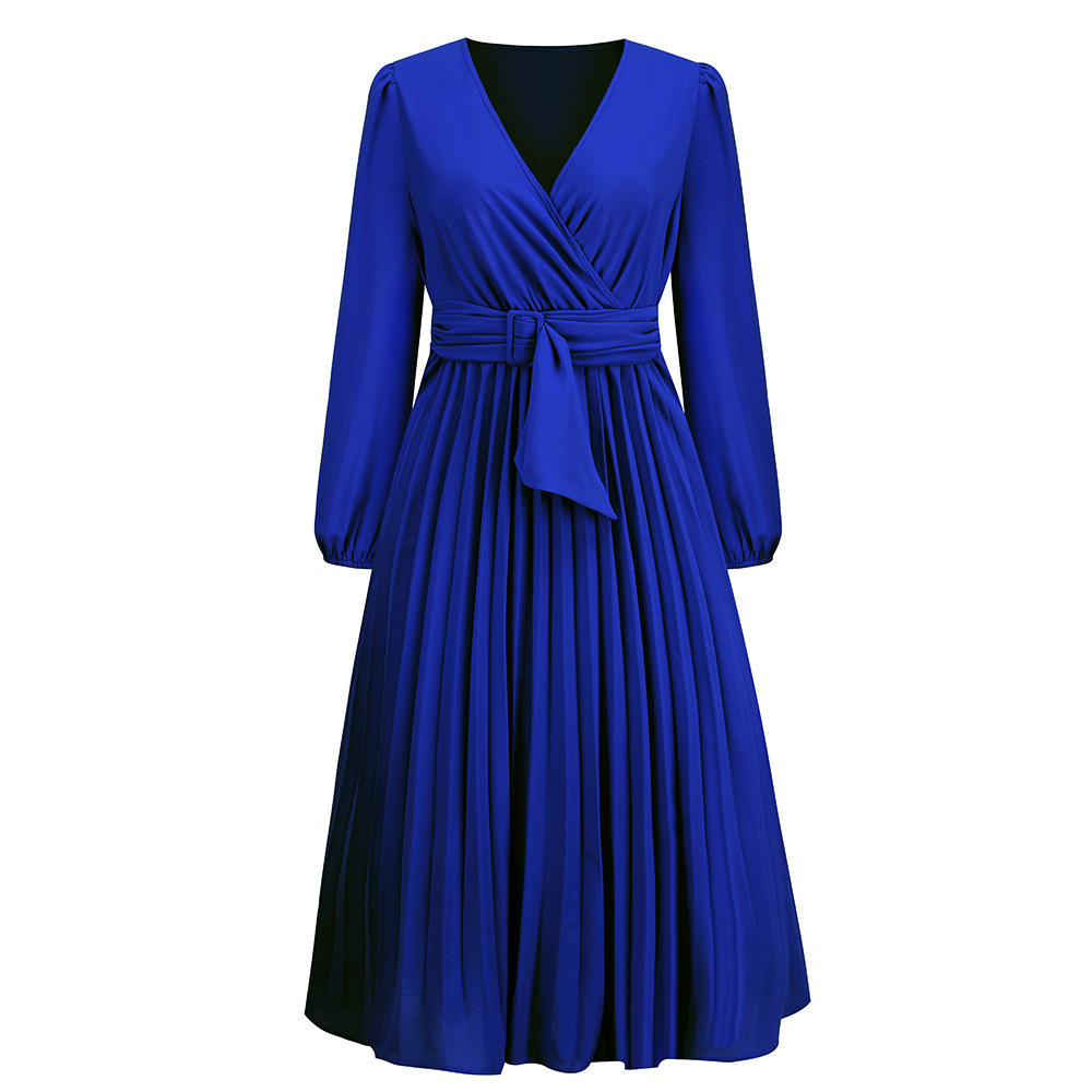 Women's Long Sleeve Pleated Belted V-Neck A-Line Dress