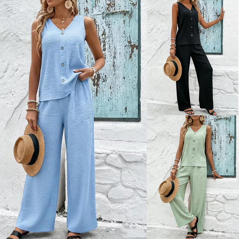 Sleeveless V-Neck Cardigan & High-Waist Wide-Leg Pants Set