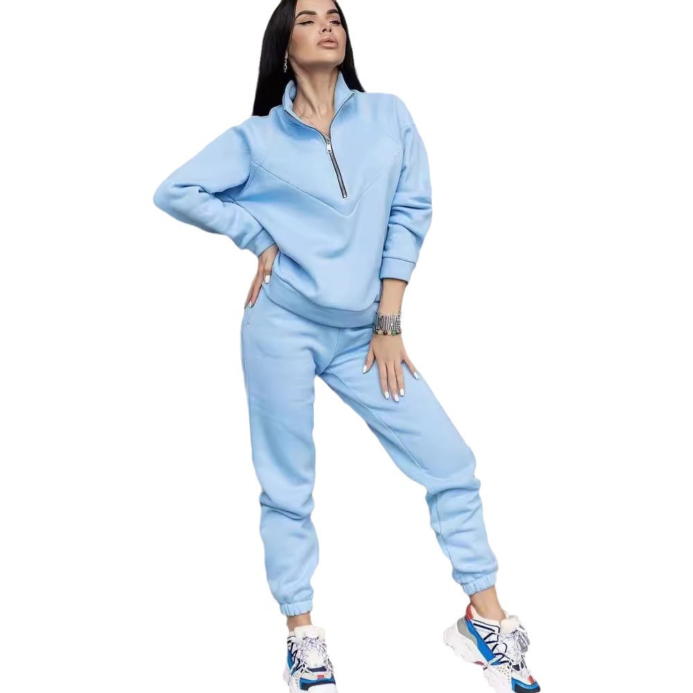 Fleece-Lined Hoodie and Jogger Two-Piece Set, Solid Color Long Sleeve