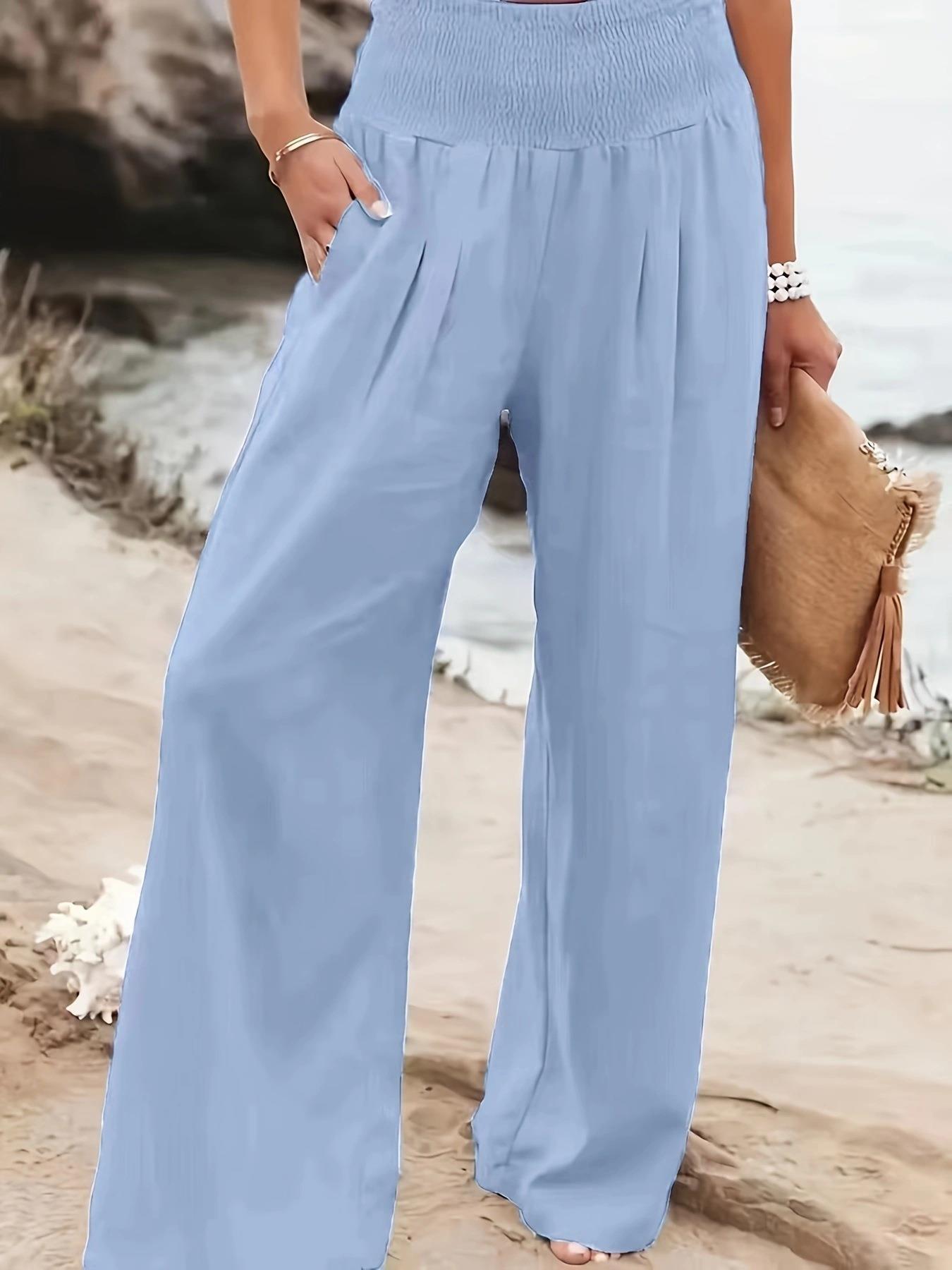 Women's Casual Cotton Distressed Mid-Rise Wide-Leg Pants