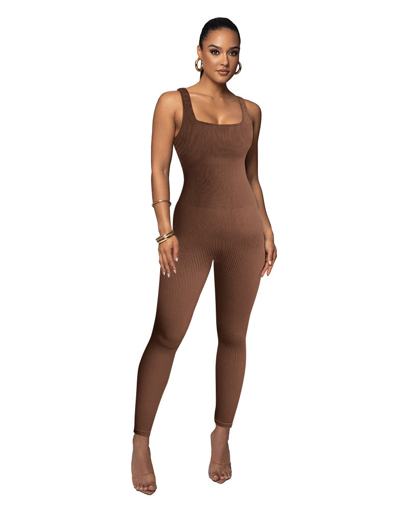 Sexy Sleeveless Square Neck Ribbed Yoga Bodysuit Tummy Control Butt Lifting