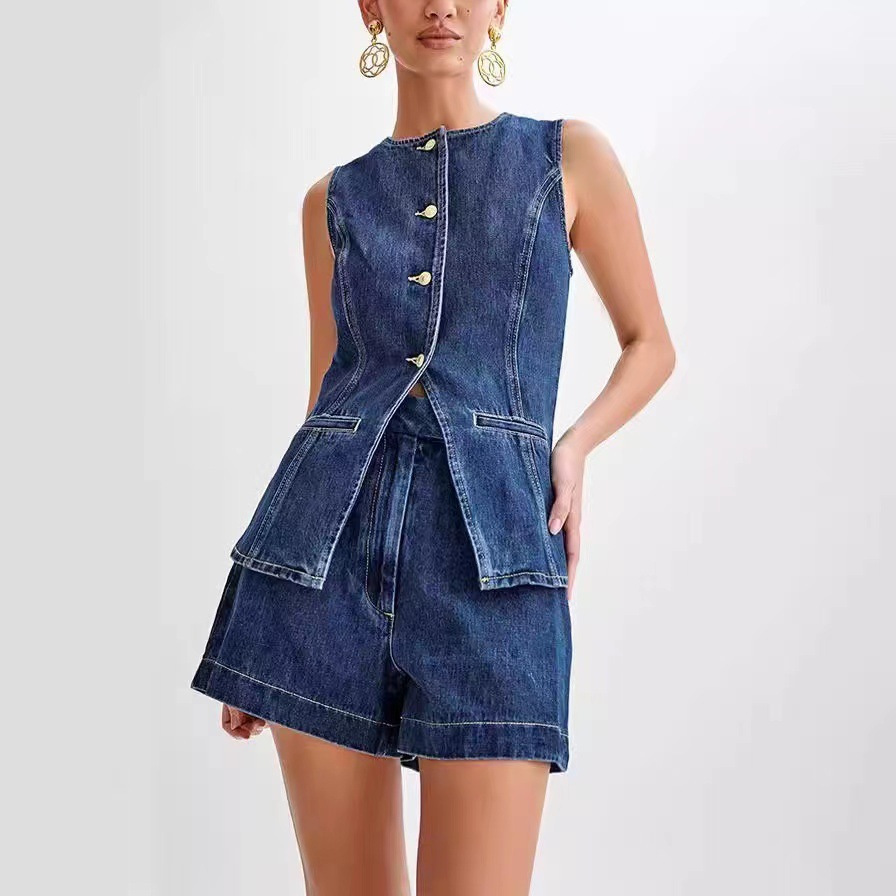 Sleeveless High-Waist Denim Shorts Set