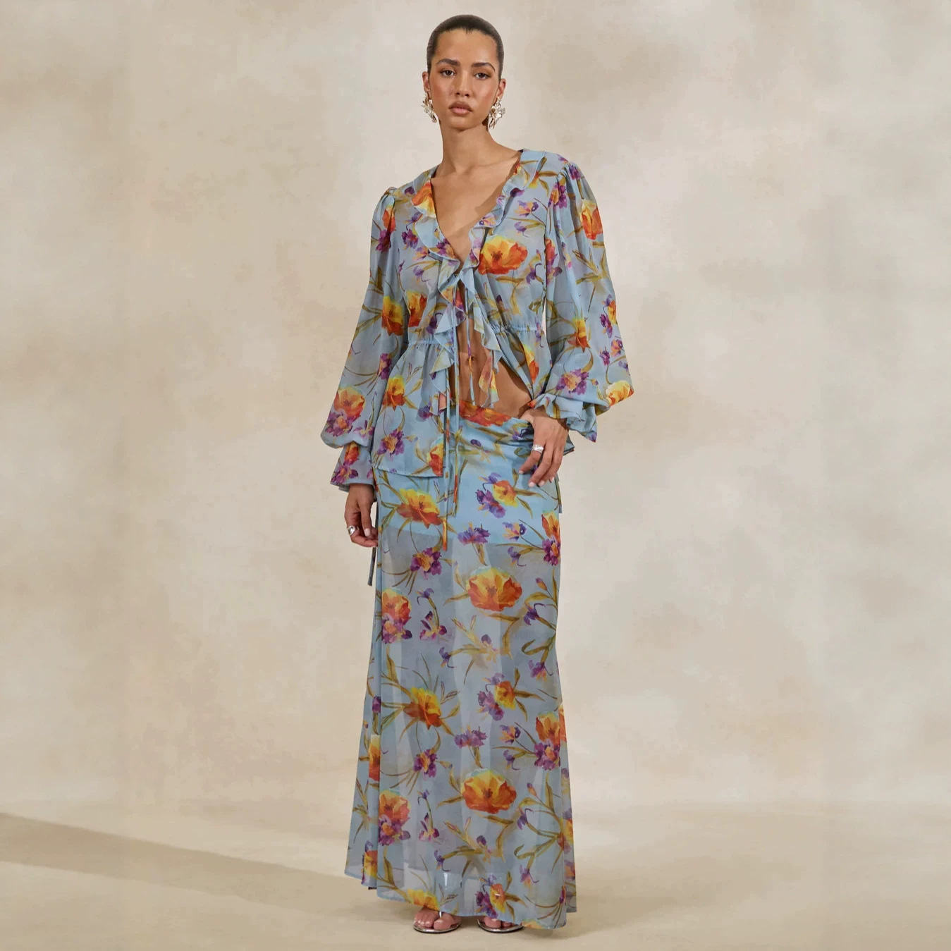 V-Neck Floral Print Long-Sleeve Top and High-Waist Skirt Two-Piece Set