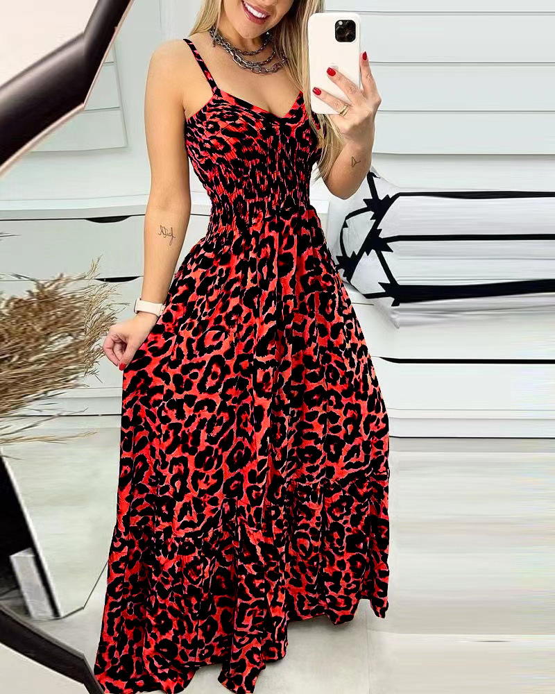 Leopard Print V-Neck Cami Maxi Dress High Waist Sexy