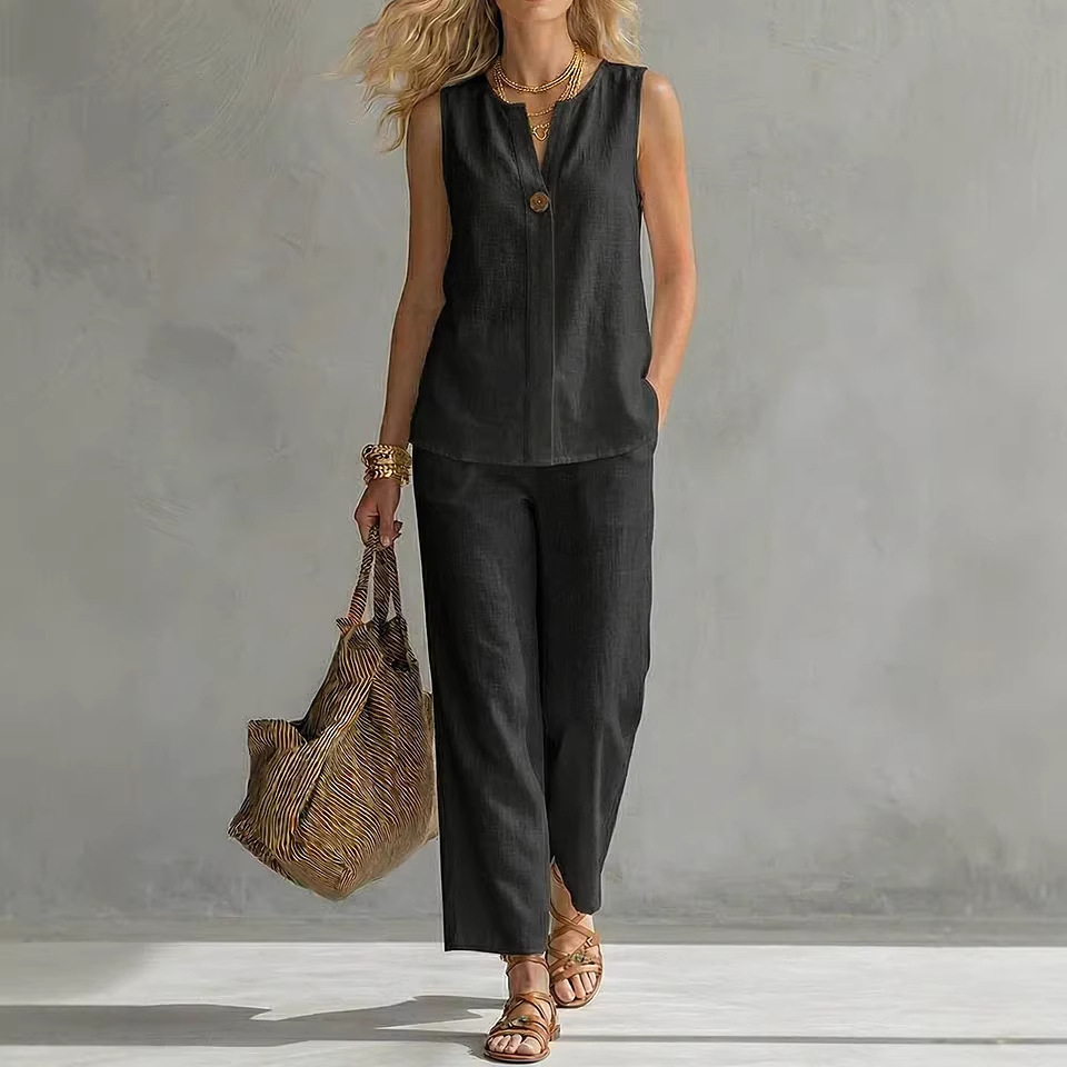 Women's Cotton Linen Sleeveless V-Neck Top and Pants Set Solid Color
