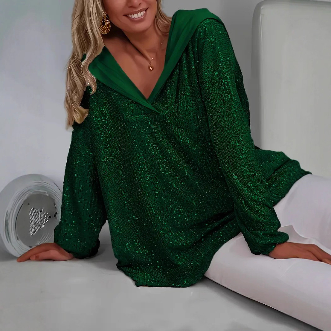 Women's Sequin Hoodie with Drop Shoulder Sleeves Loose Fit Pullover