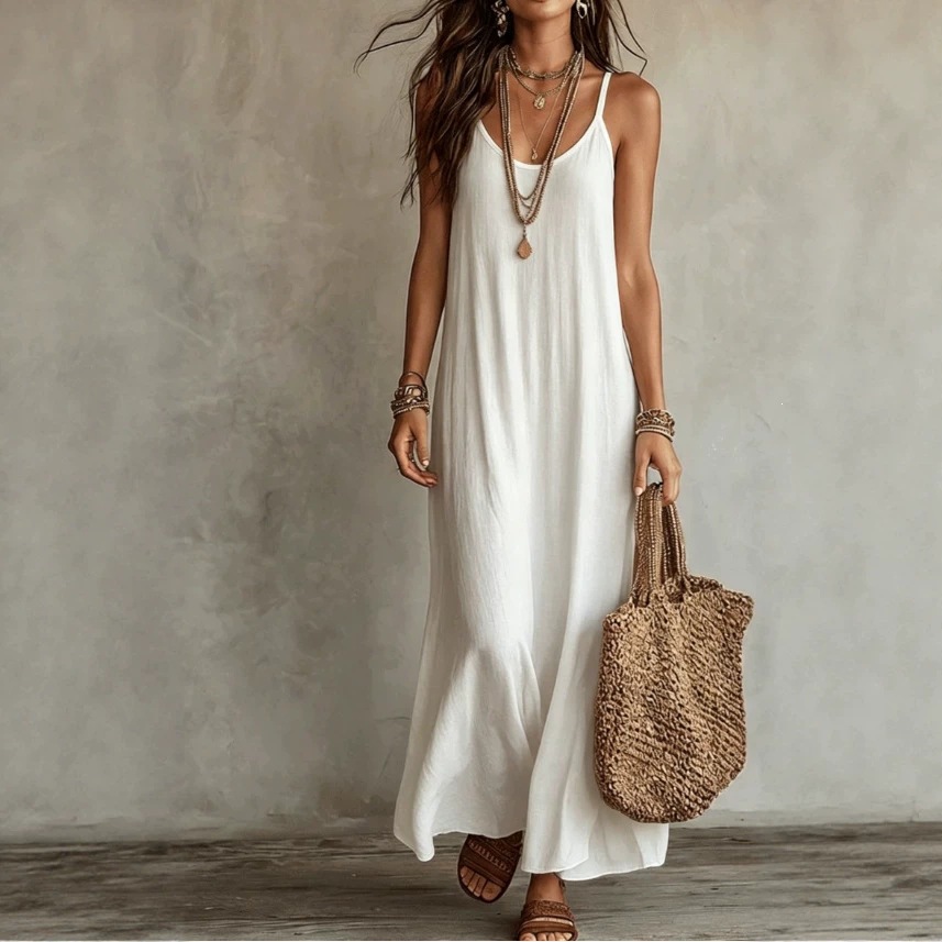 Boho Solid Color V-Neck Cami Dress Relaxed Fit