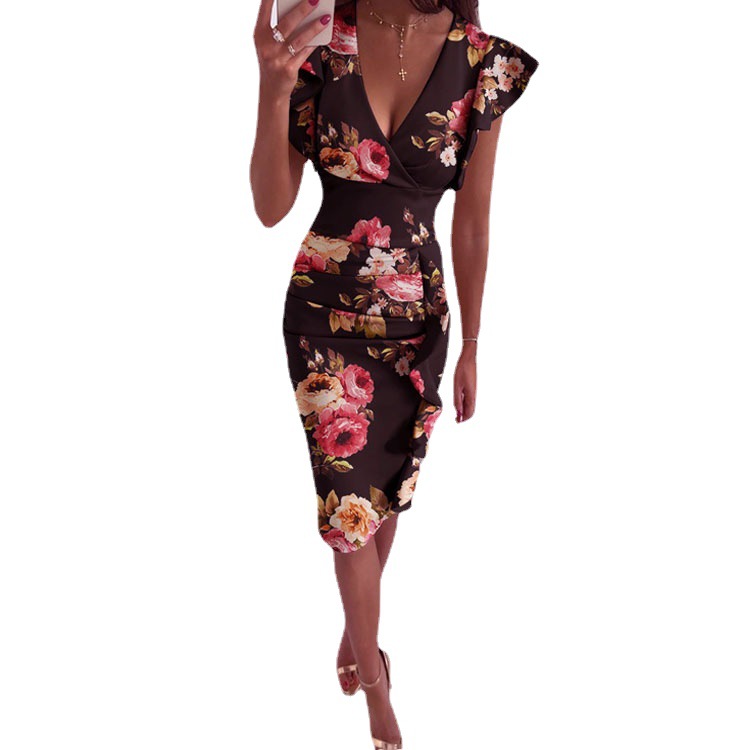 V-Neck Ruched Ruffle Bodycon Dress