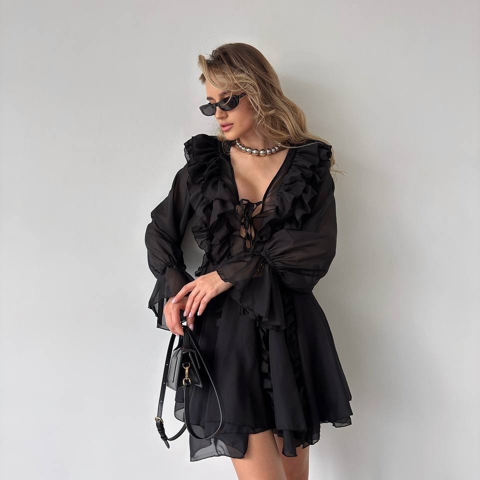 Flowy Chiffon V-Neck Ruffle A-Line Dress with Tie and Long Sleeves