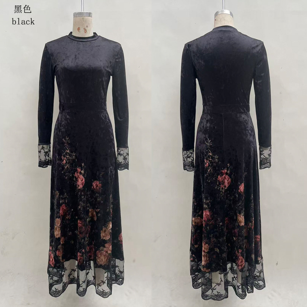 Black Floral Print Long Sleeve Maxi Dress with 3D Flowers