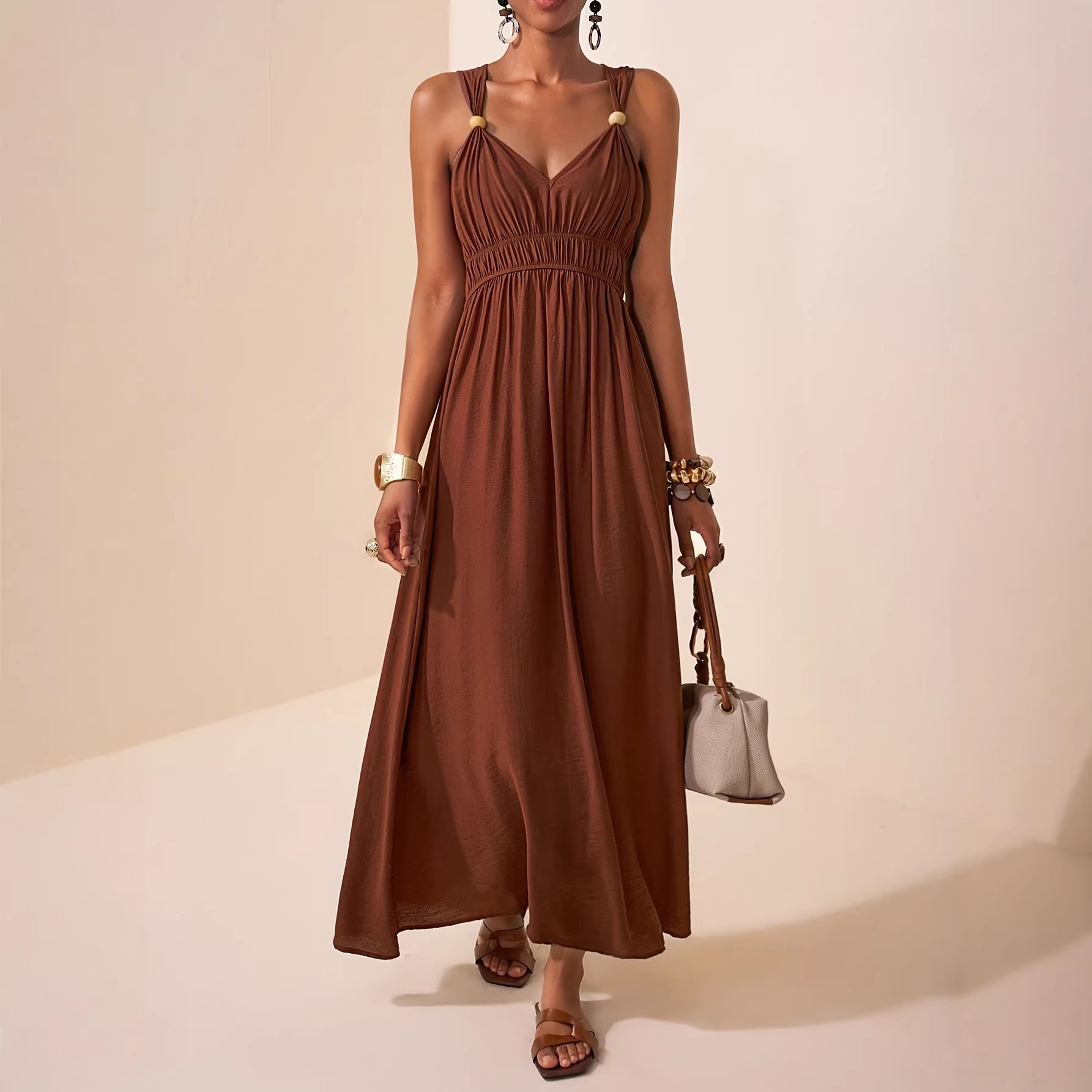 Women's Sleeveless Deep V-Neck A-Line Maxi Dress