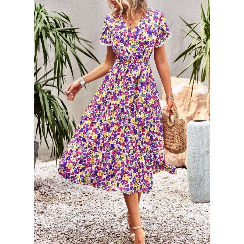 Women's V-Neck Floral Tie Split Midi Dress