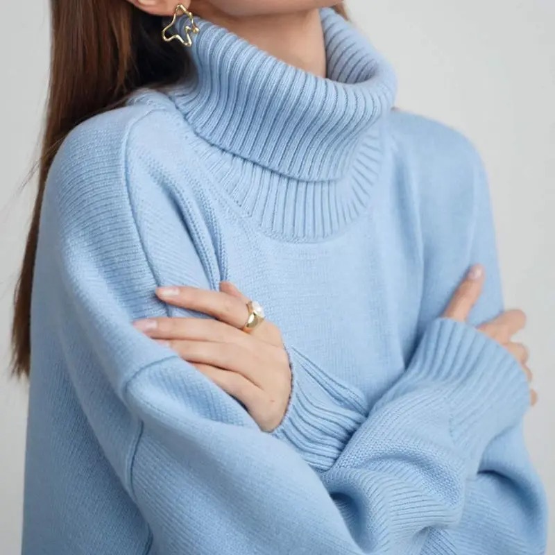 Solid Turtleneck Sweater Loose Knit Pullover