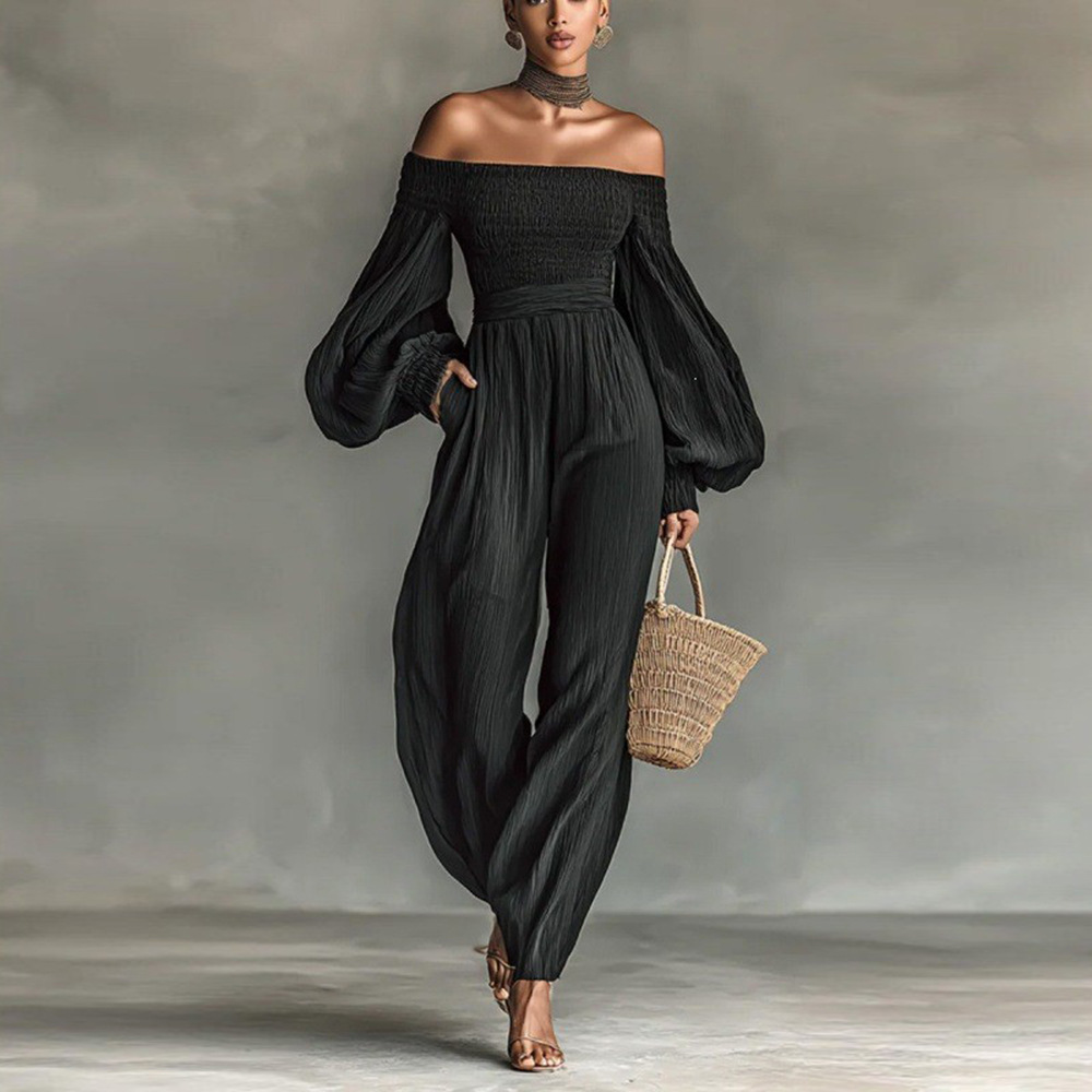 Women's Off-Shoulder Long-Sleeve Ruched Paneled Solid Color Jumpsuit