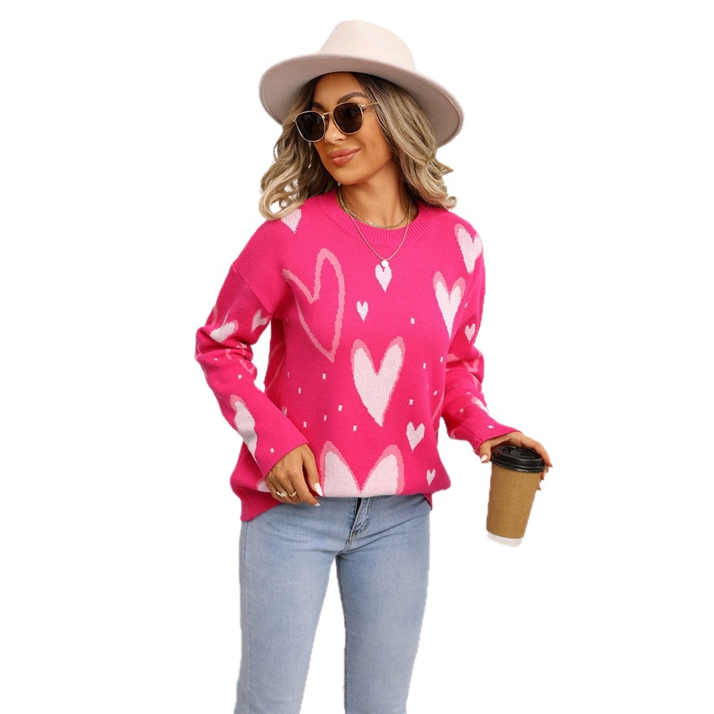 Women's Heart Crewneck Pullover Sweater Long Sleeve Loose Knit Top