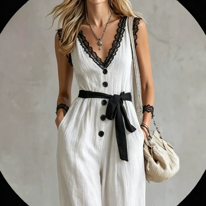 High-Waist Straight-Leg Wide-Leg Jumpsuit with Drape, Slimming, Faux Cotton-Linen