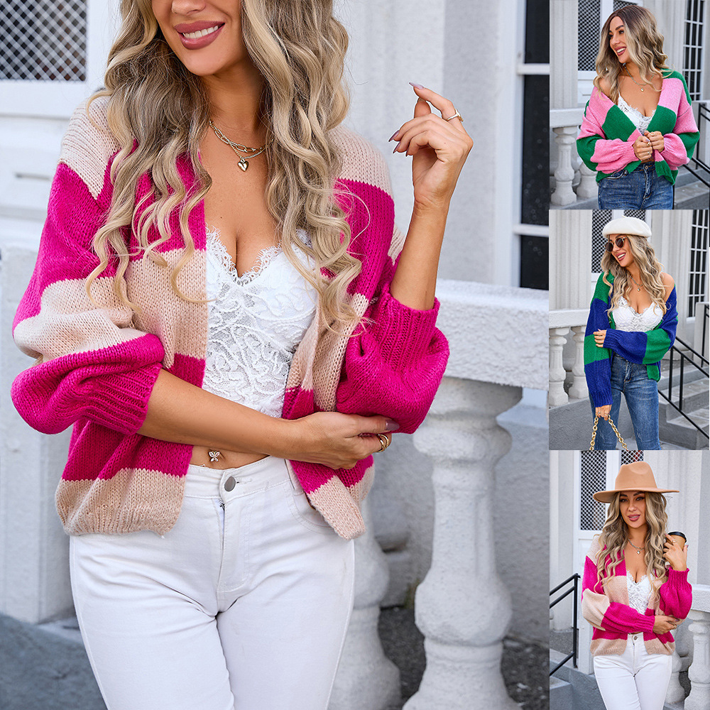 Colorblock Mohair Cardigan Sweater Coat Loose Fit Long Sleeve