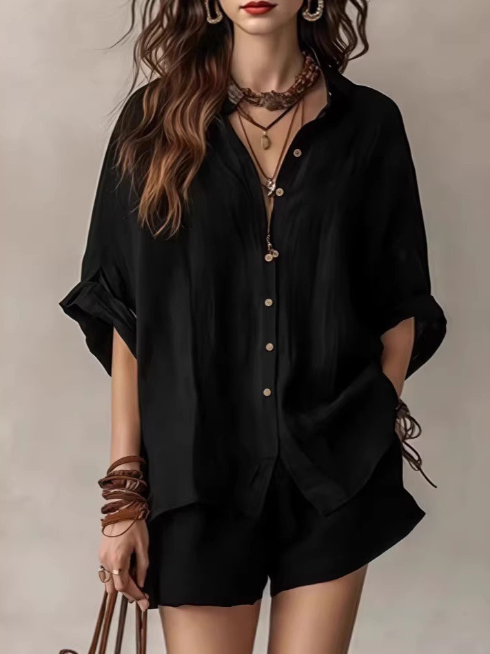 Women's Casual Two-Piece Set Loose Short Sleeve Collared Shirt and Shorts