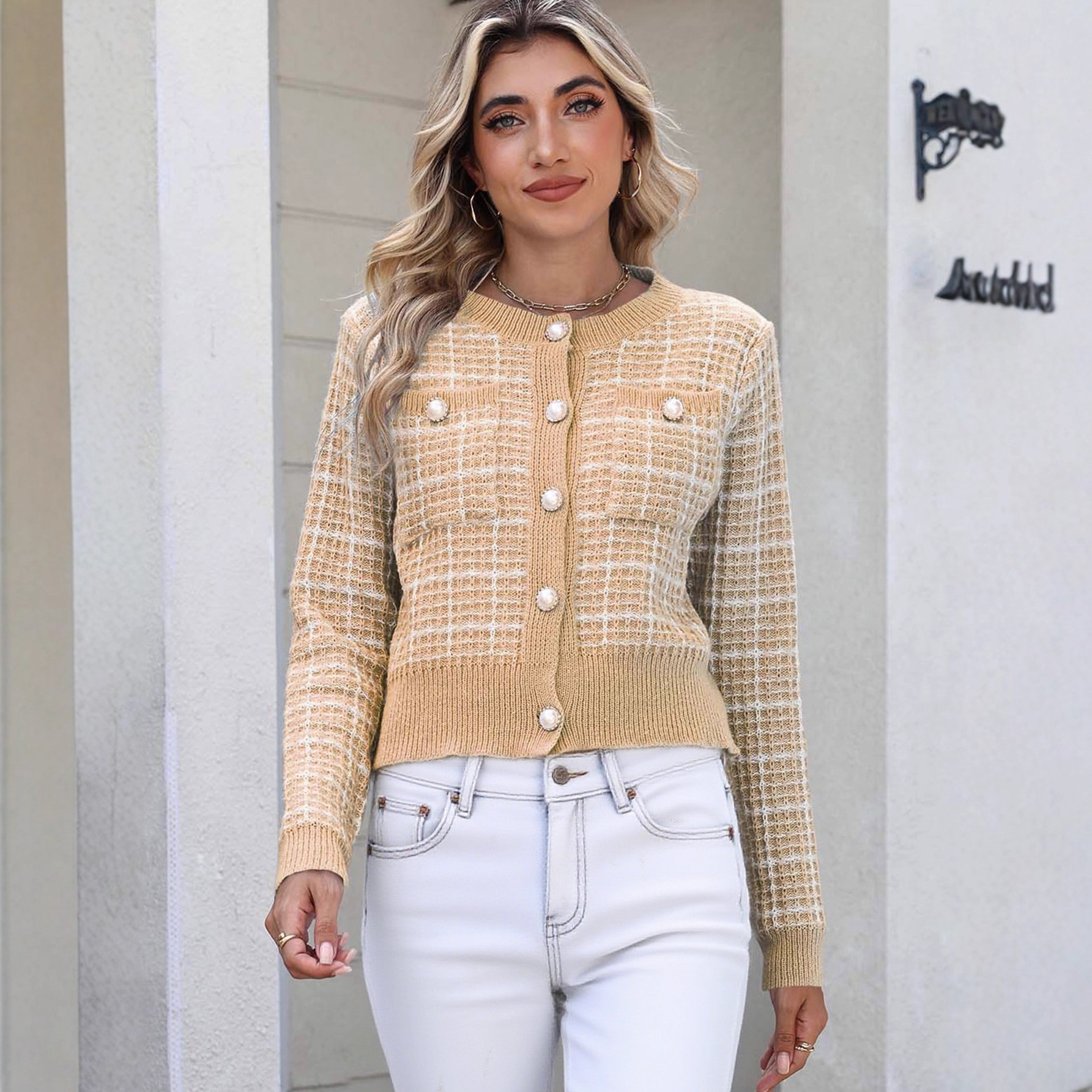 Plaid Knit Cardigan Short Jacket Women's Crewneck Long Sleeve
