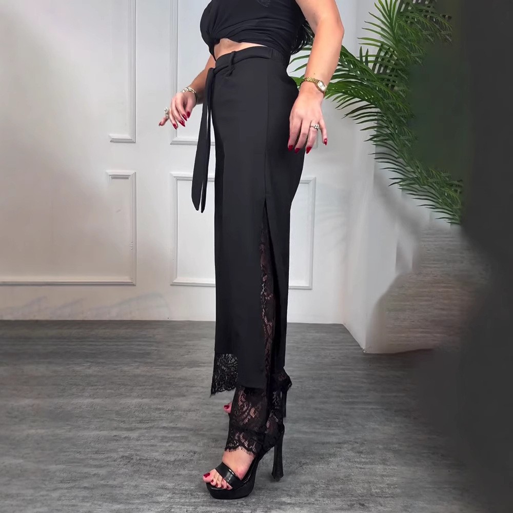 Women's Lace Patchwork Lace-Up High Waist Straight Leg Pants