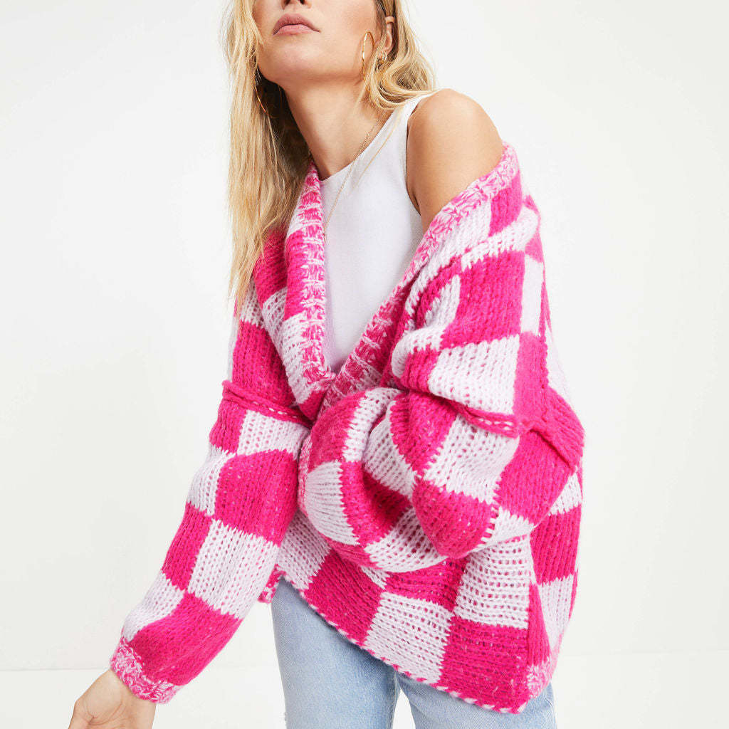 Plaid Cardigan Sweater Women's Plus Size Spliced Open Front Knit Coat