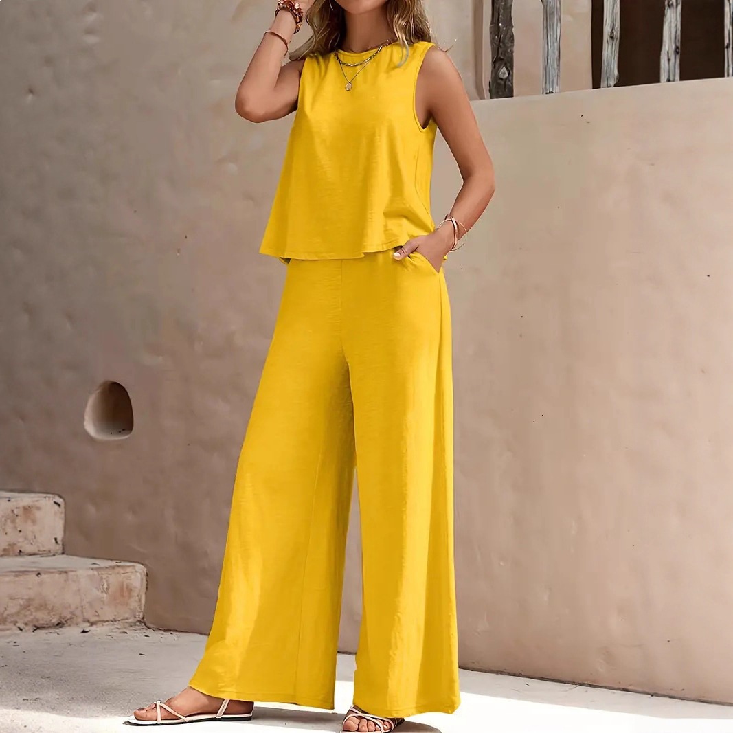 Solid Color Two-Piece Tank Top and Wide-Leg Pants Set