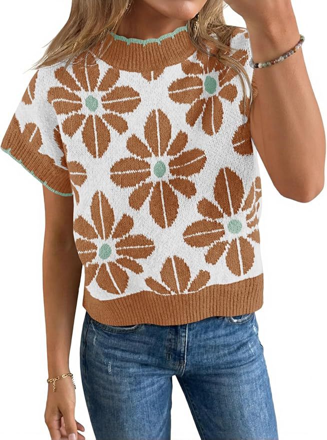 Women's Floral Knit Short Sleeve Sweater Vintage Crew Neck Loose Summer Pullover