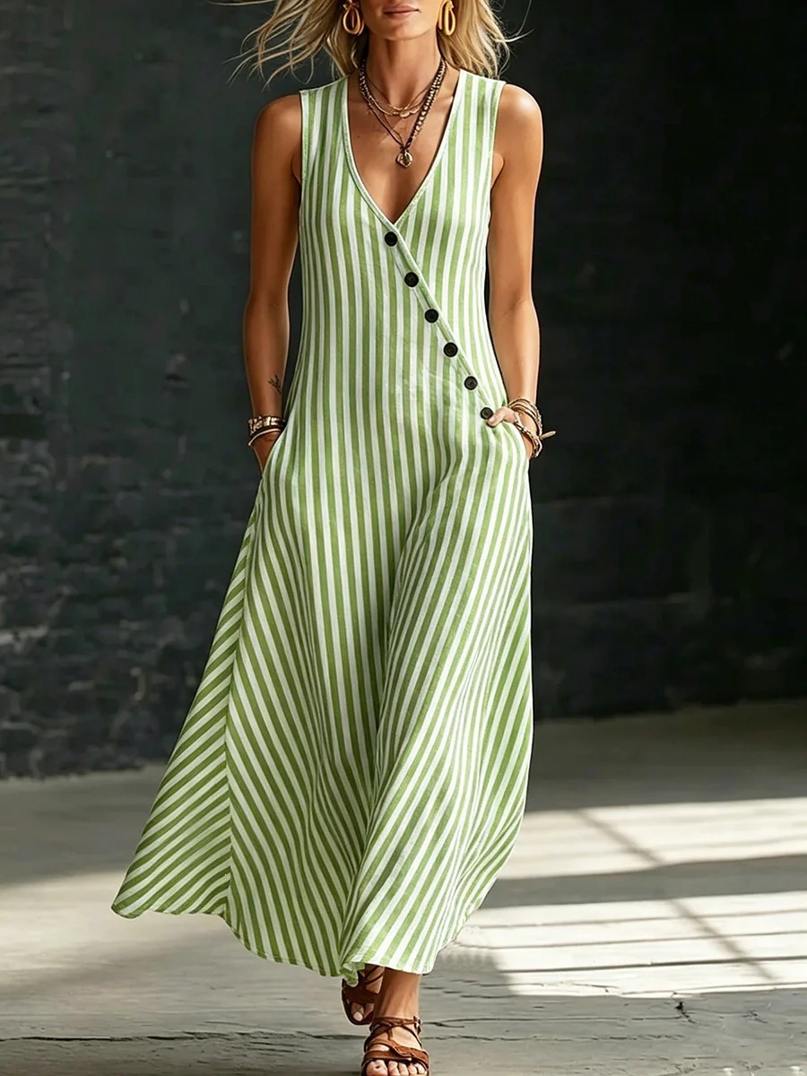 V-Neck Button-Front Striped Sleeveless Maxi Dress