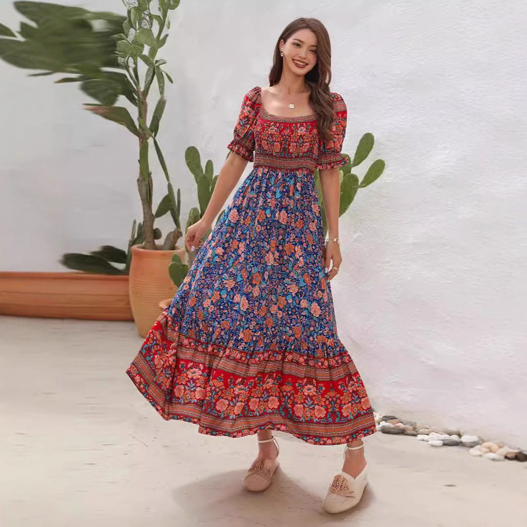 Boho Off-Shoulder Puff Sleeve Ruffle Maxi Dress