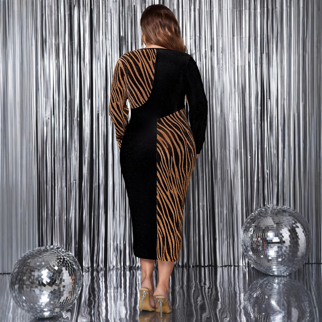 Plus Size Leopard Print Long Sleeve Bodycon Midi Dress