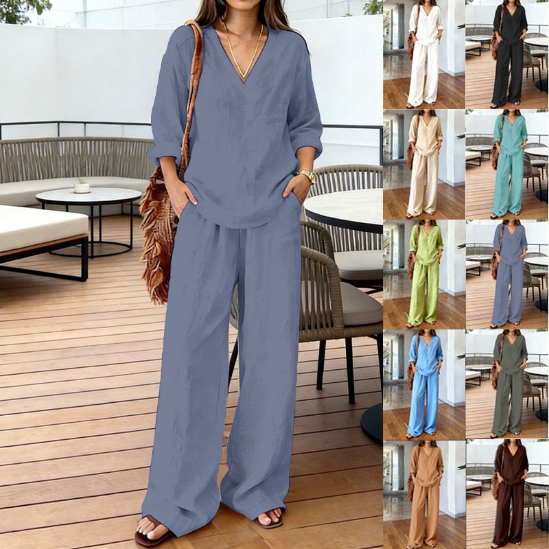 Women's V-Neck Long Sleeve Wide Leg Pants Two-Piece Set Solid Color