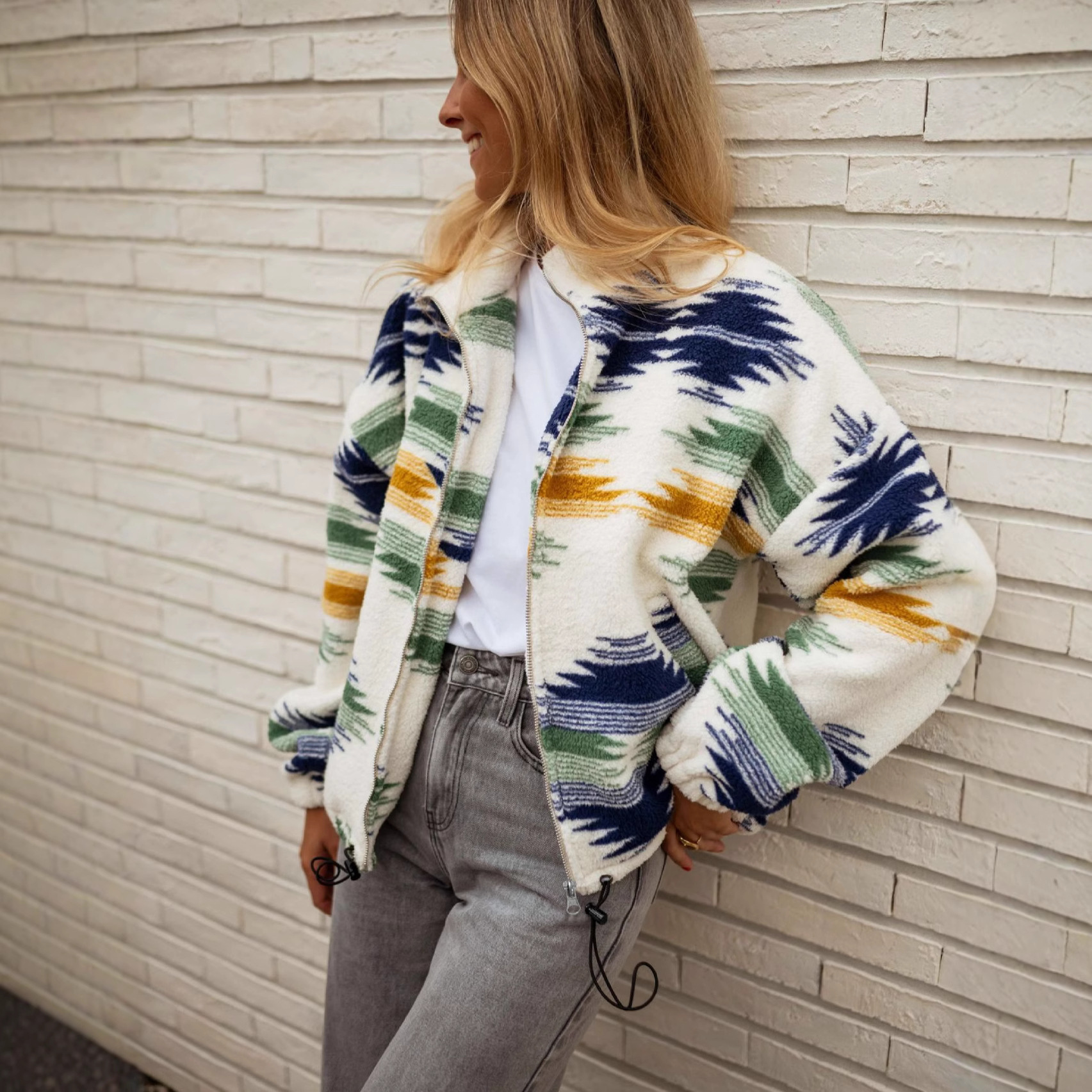 Printed Fleece Zip-Up Jacket Hoodie Winter Coat