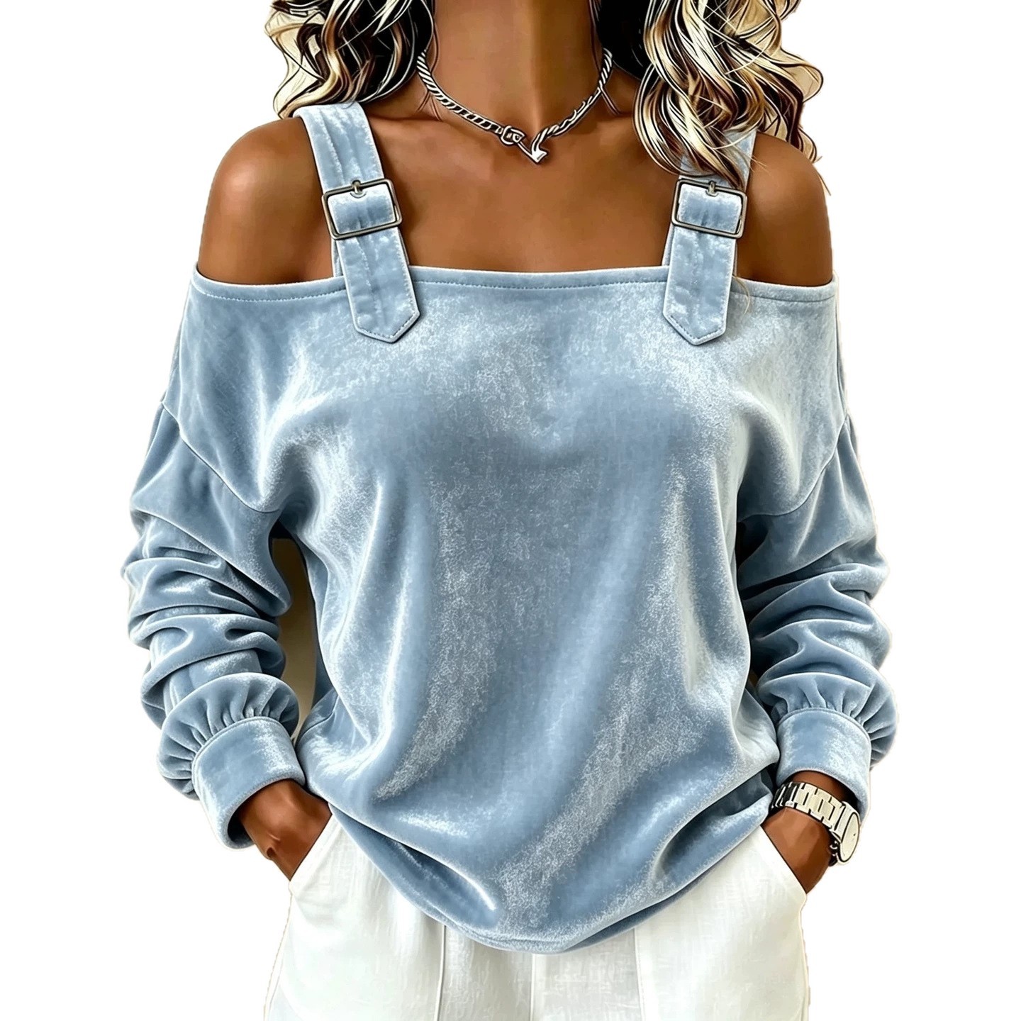 Off-Shoulder One-Line Neck Long-Sleeve Knit Top