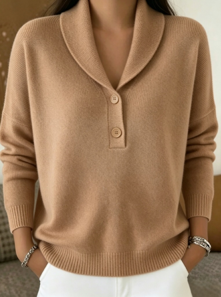 Soft Skin-Friendly Shawl Collar Knit Sweater Women's Two-Button Half-Open Neck Loose Solid Pullover