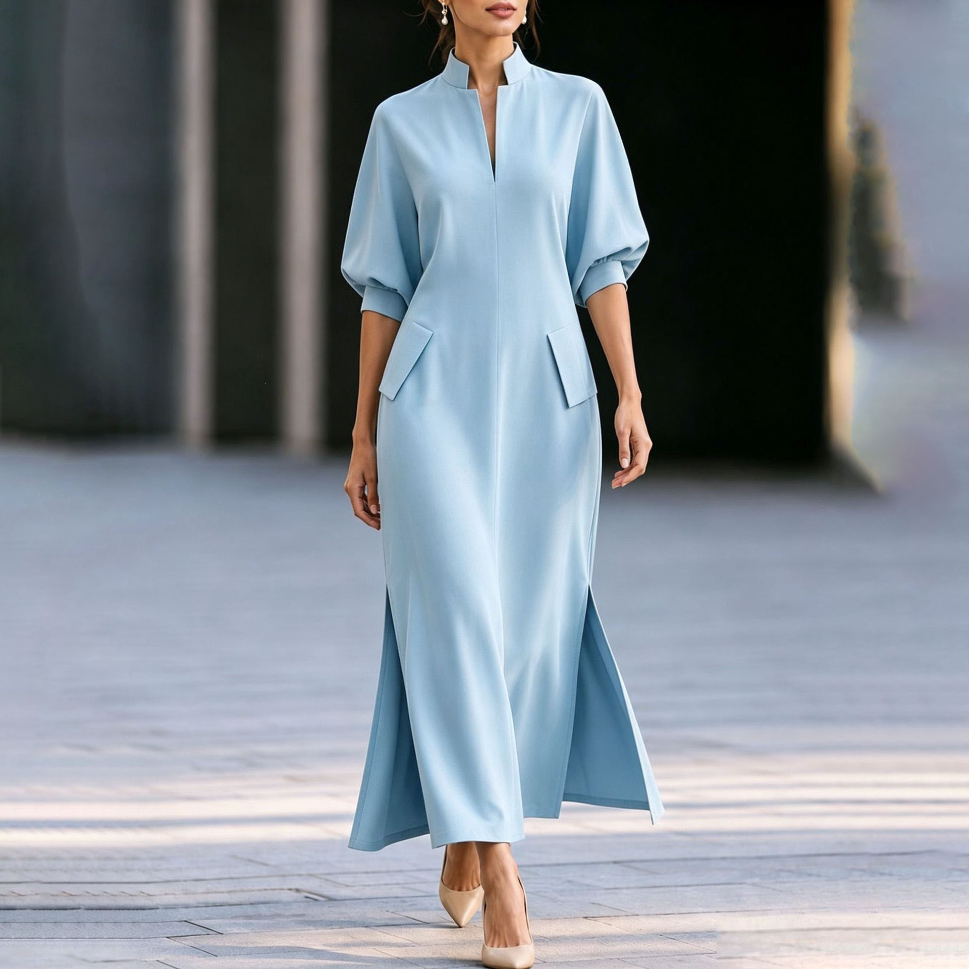 Elegant Stand Collar Lantern Sleeve High Slit Midi Dress