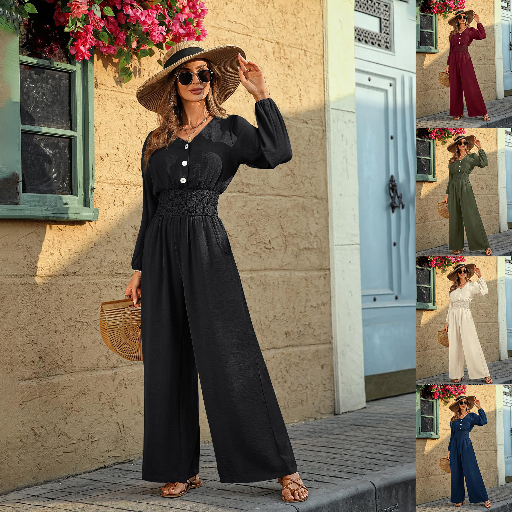 Women's Elegant Wide-Leg Jumpsuit with V-Neck and Buttons