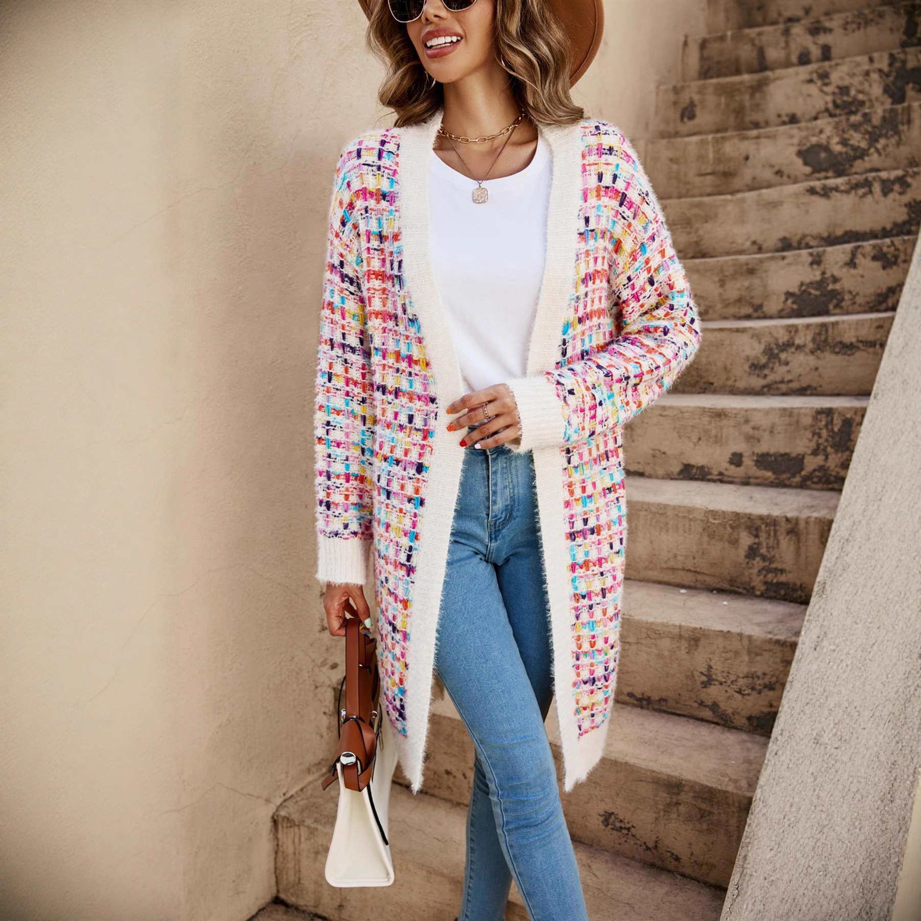 Women's Color-Block Knit Cardigan, Long Sleeve V-Neck Mid-Length Top