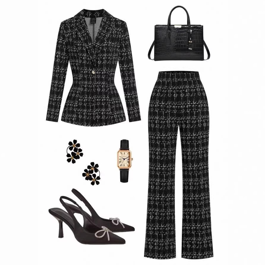 Women's Elegant Plaid Collared Long Sleeve Jacket and Pants Set