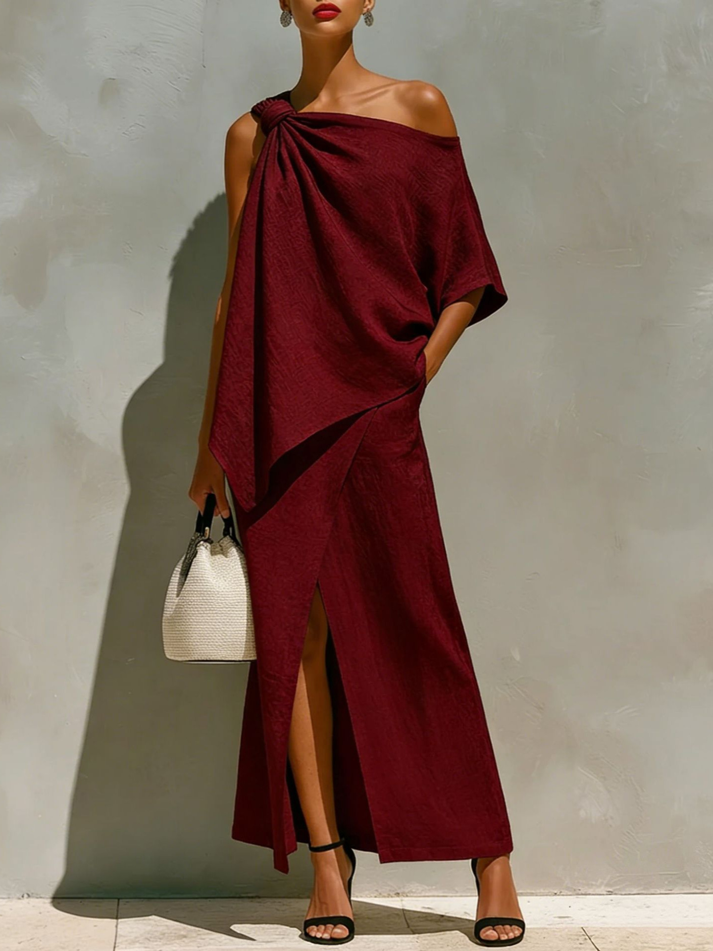 Women's Solid Color One-Shoulder Knot Front Slit Irregular Two-Piece Set