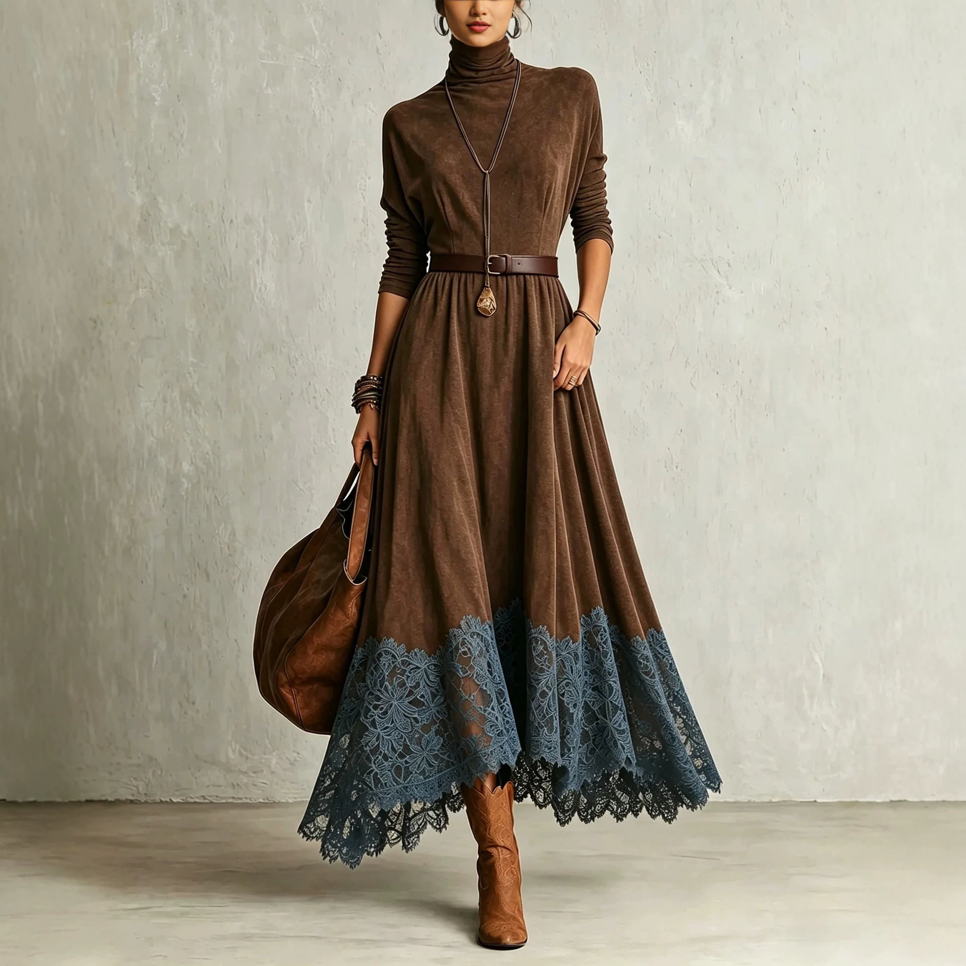 Elegant Color-Block Long Dress with High Neck and Fitted Waist