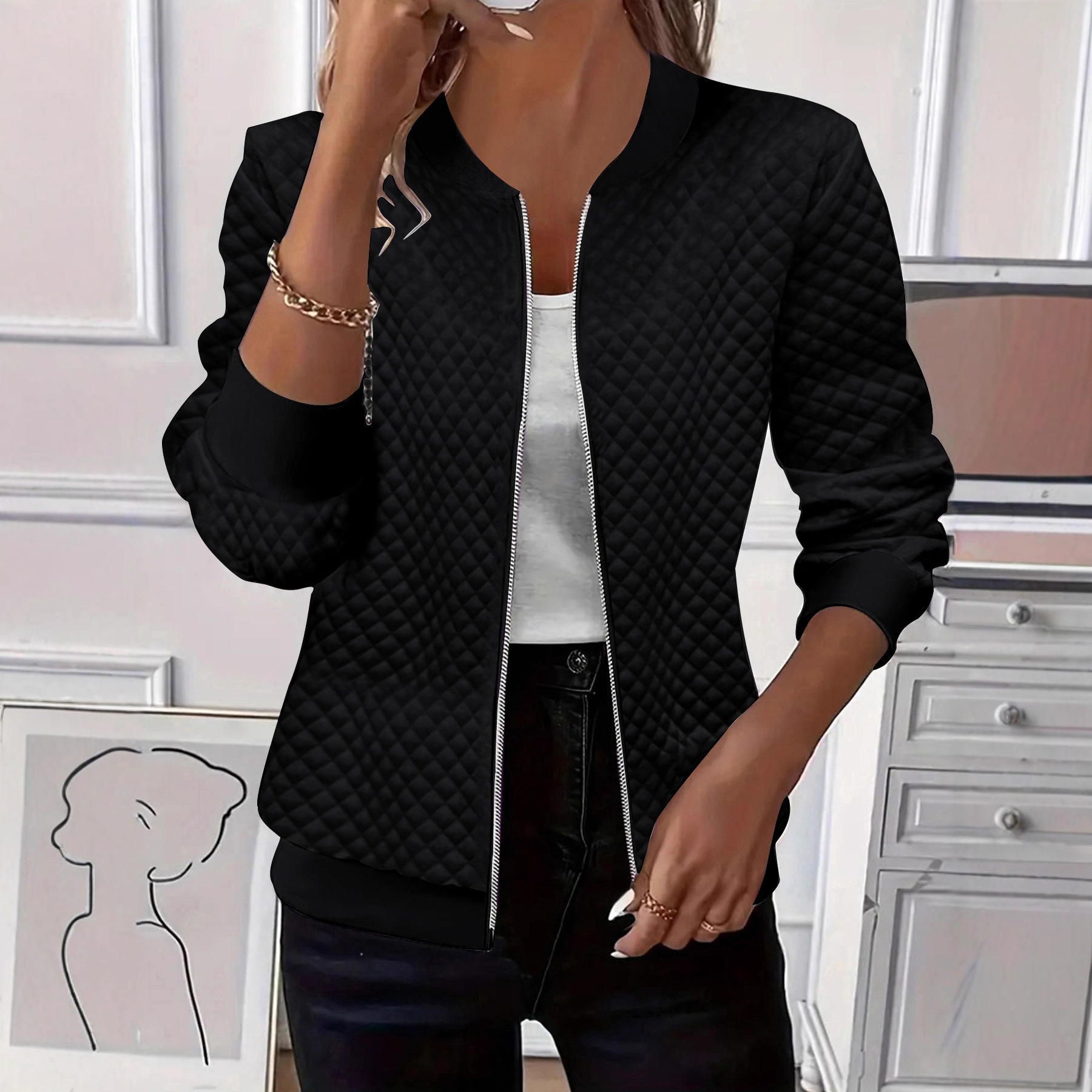Women's Solid Color Long Sleeve Knit Zip Jacket