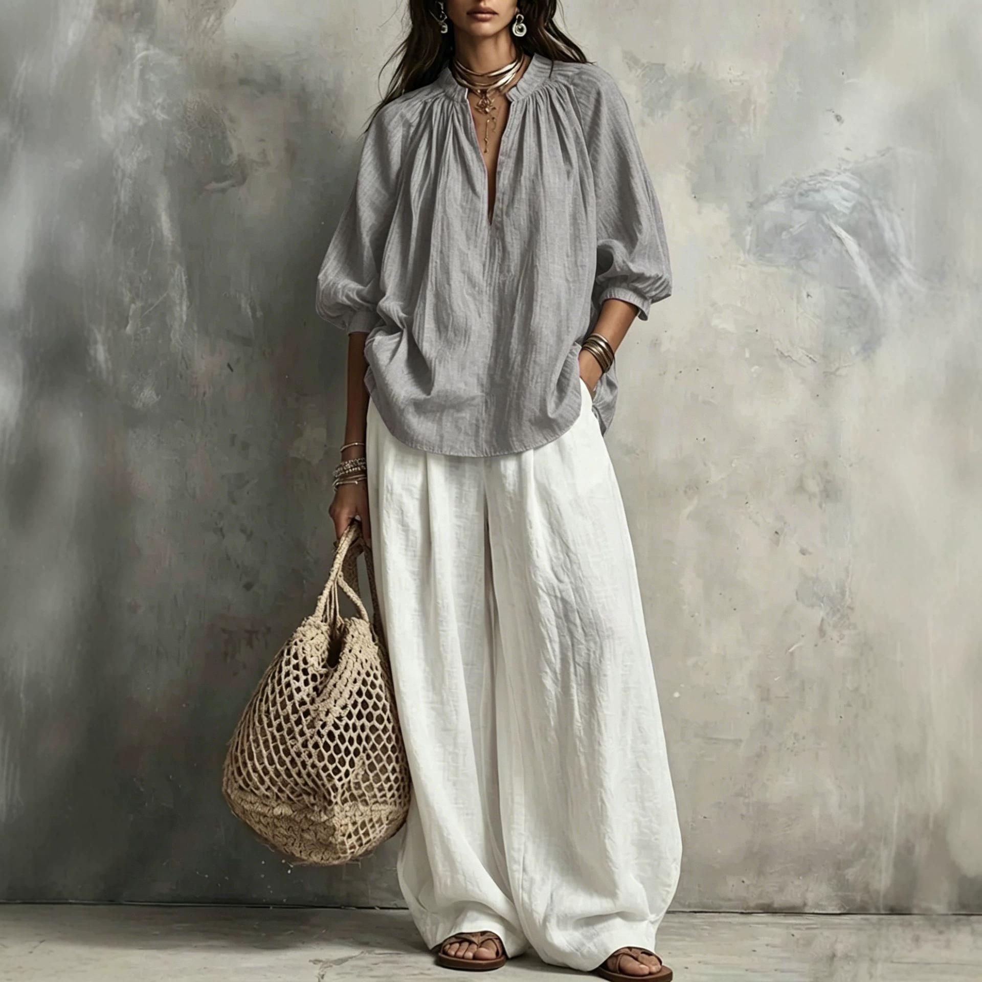 Boho V-Neck 3/4 Sleeve Shirt & Wide-Leg Pants Set