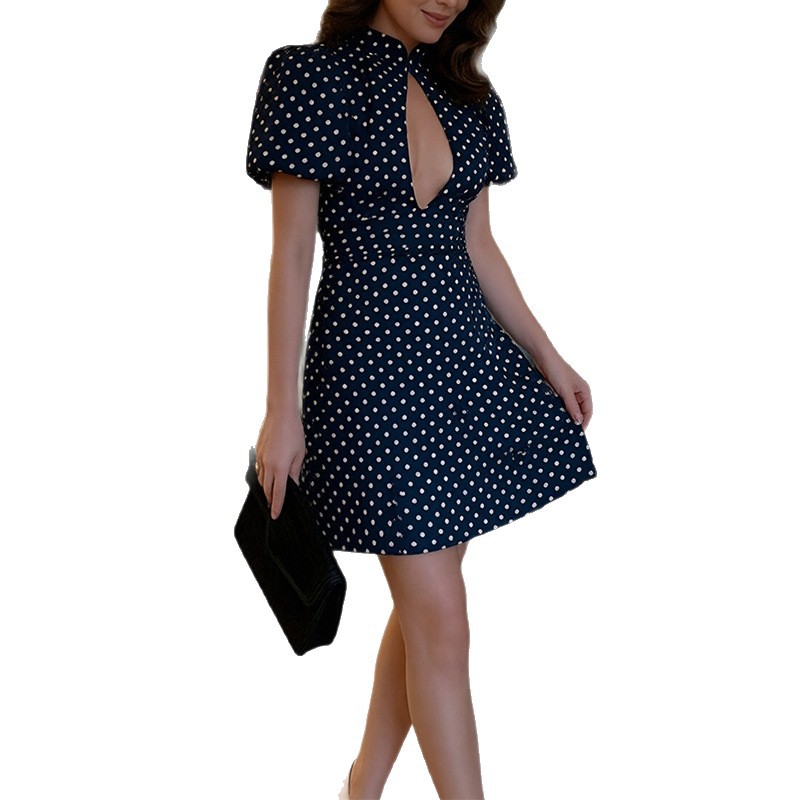 Women's Polka Dot Cutout Puff Sleeve Dress