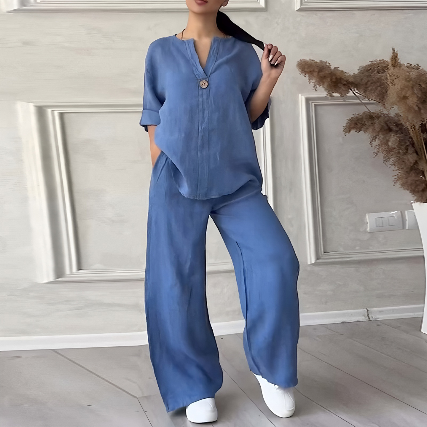 Women's Solid Color Short Sleeve Shirt and Long Pants Set Casual Two-Piece Outfit