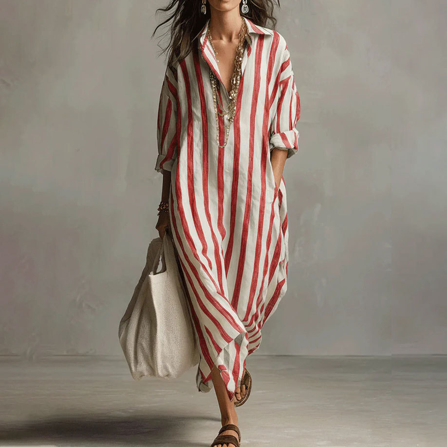 Striped V-Neck Long Dress Casual Commute Loose Fit