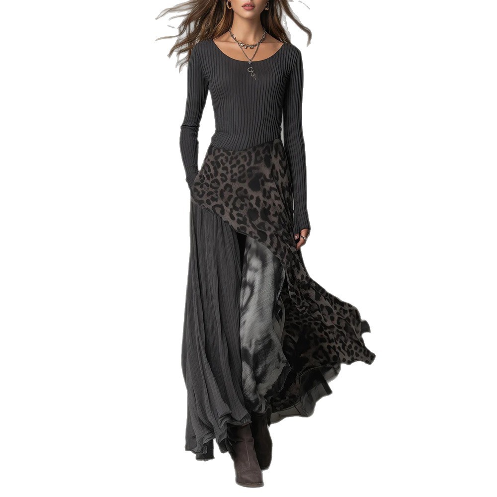 Leopard Print High Waist Long Sleeve Maxi Dress