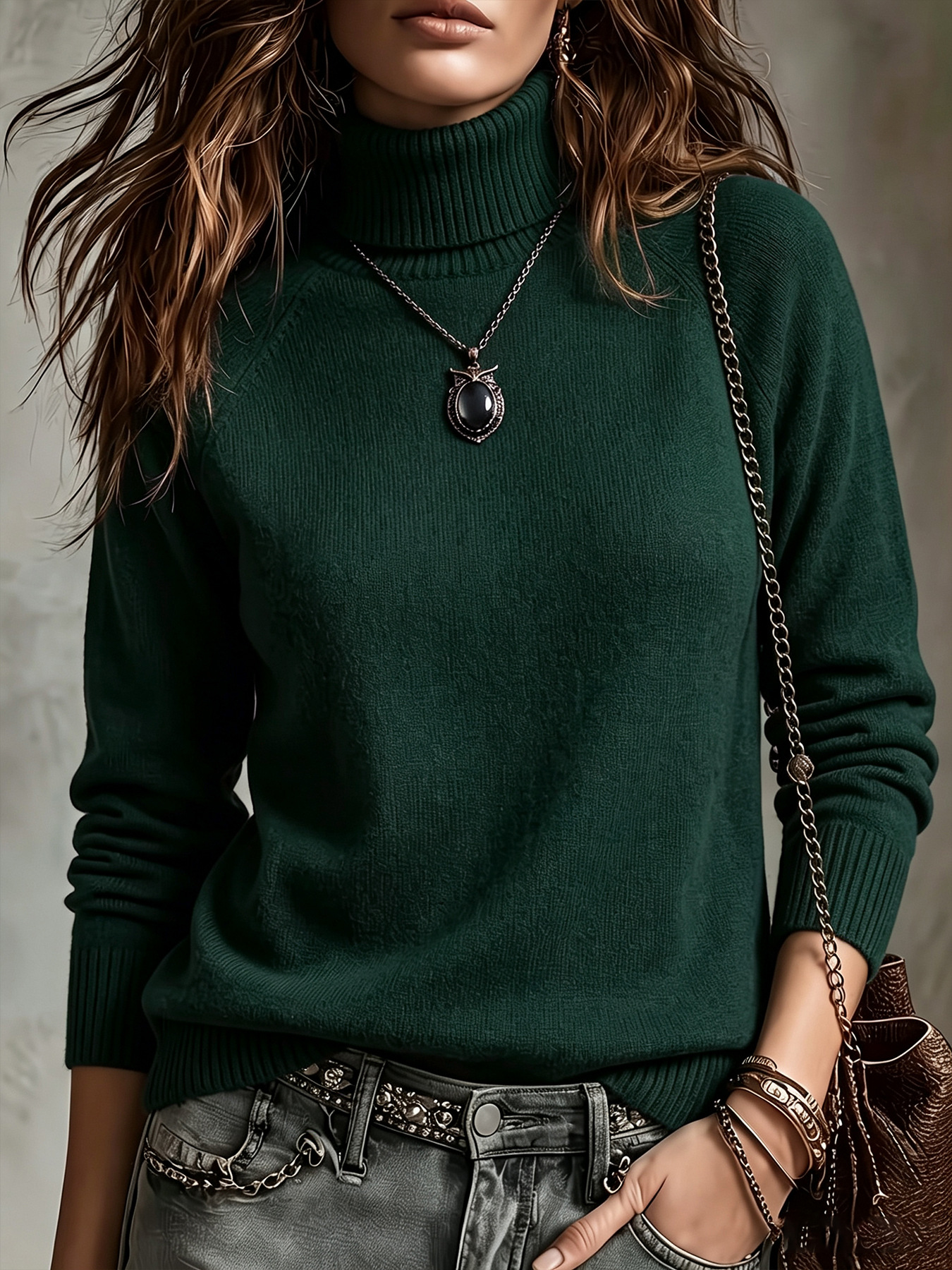 Wool-Blend Turtleneck Knit Pullover Sweater