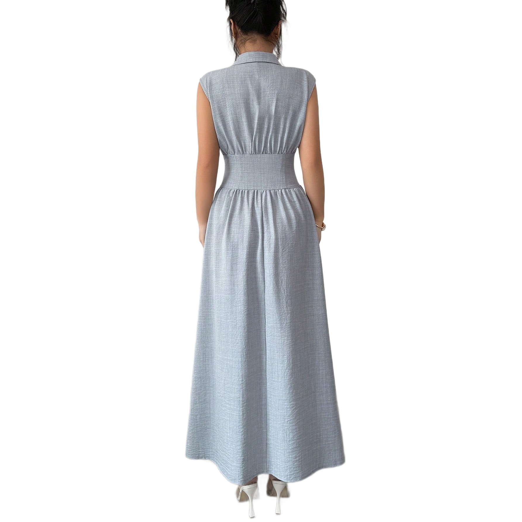 V-Neck Sleeveless Ruffle A-Line Midi Dress