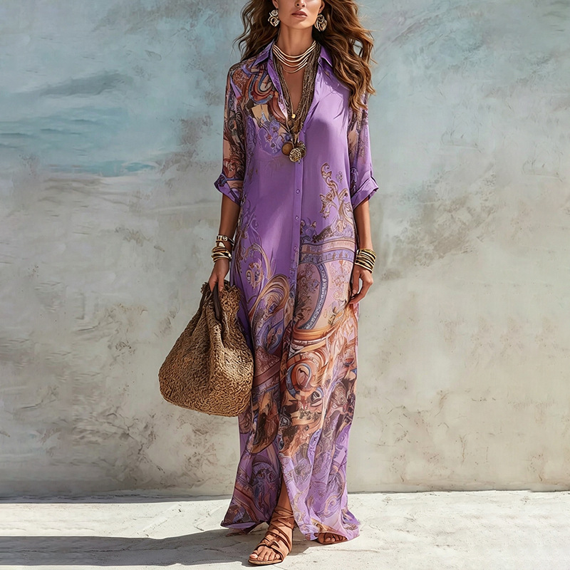 Women's Summer Floral Print Long Sleeve A-Line Maxi Dress