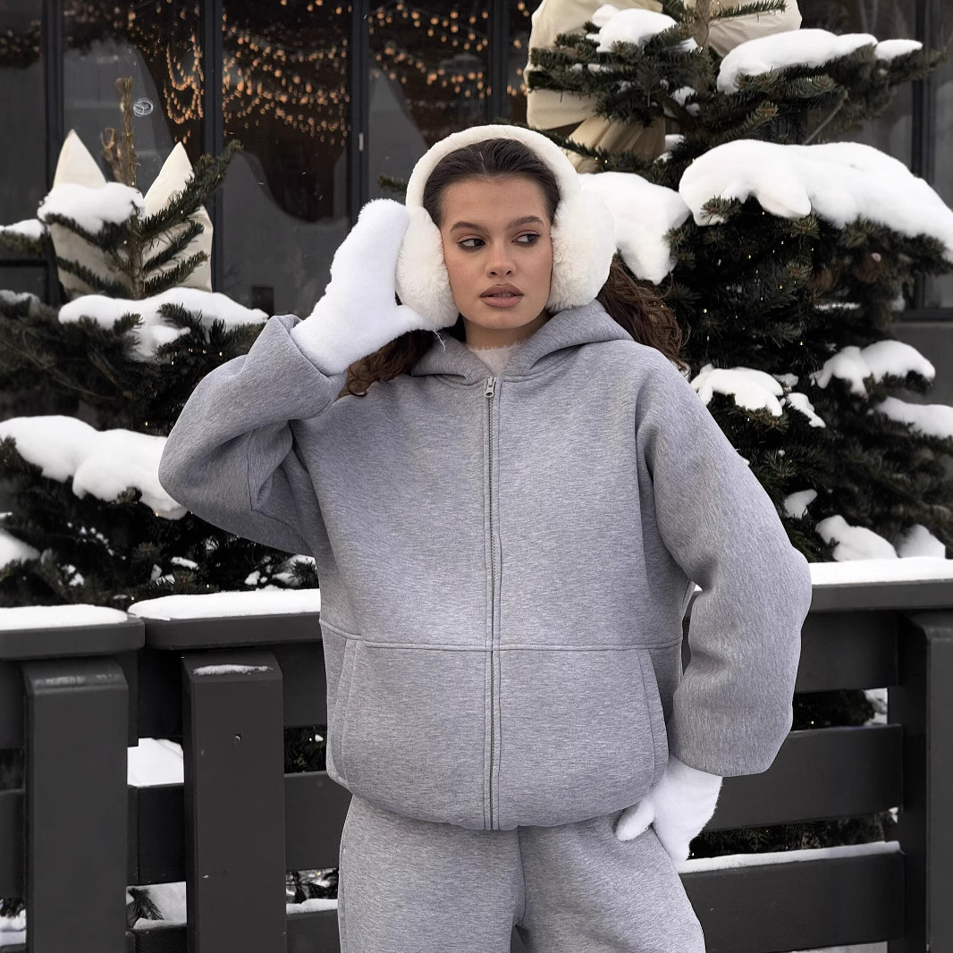Women's Solid Color Hooded Cardigan Sweatshirt and Elastic Waist Pants Two-Piece Set